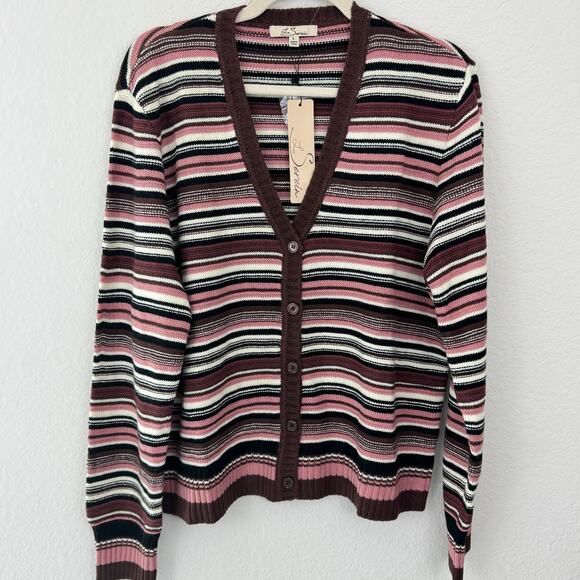 Stitch Fix Les Serein Womens Cardigan Sweater Size L Stripe Button Cozy Brown - Picture 1 of 7